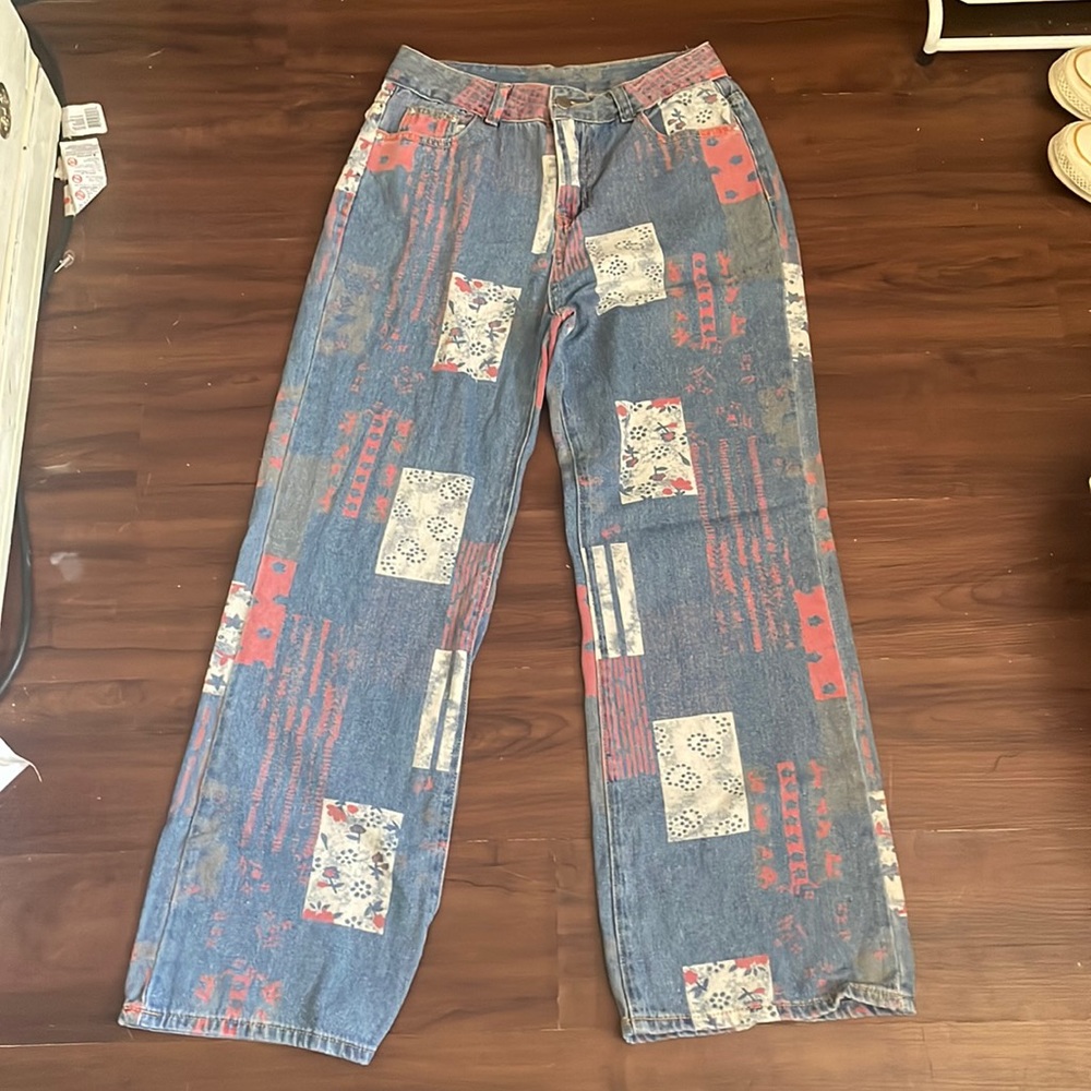 Cider High waisted Graphic flower screen printing denim jeans